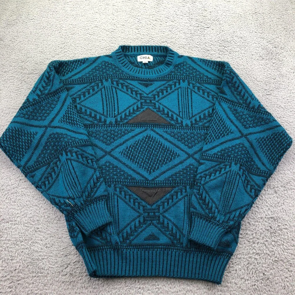 Vintage Chia Sweater Mens XL Blue Geometric Knit Crewneck Pullover Abstract
